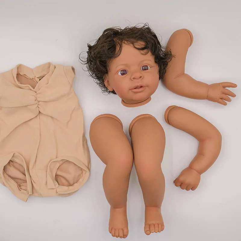 24inch Dark Skin Jaylan Lifelike Unfinished Reborn Doll Kit Painted Doll Kit Doll Parts with Short Brown Curly Hair