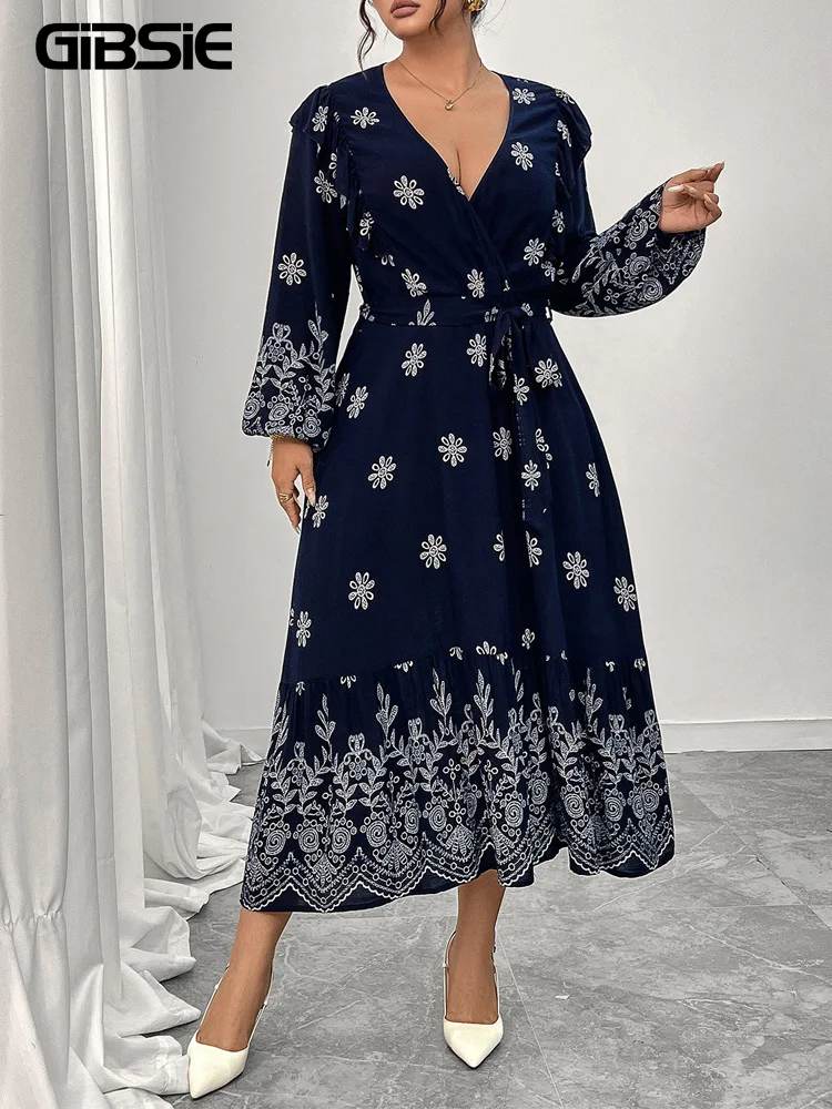 

GIBSIE Plus Size Ethnic Print Ruffle Trim Belted Long Dress Women 2025 Autumn V-Neck Lantern Sleeve High Waist A-Line Dresses