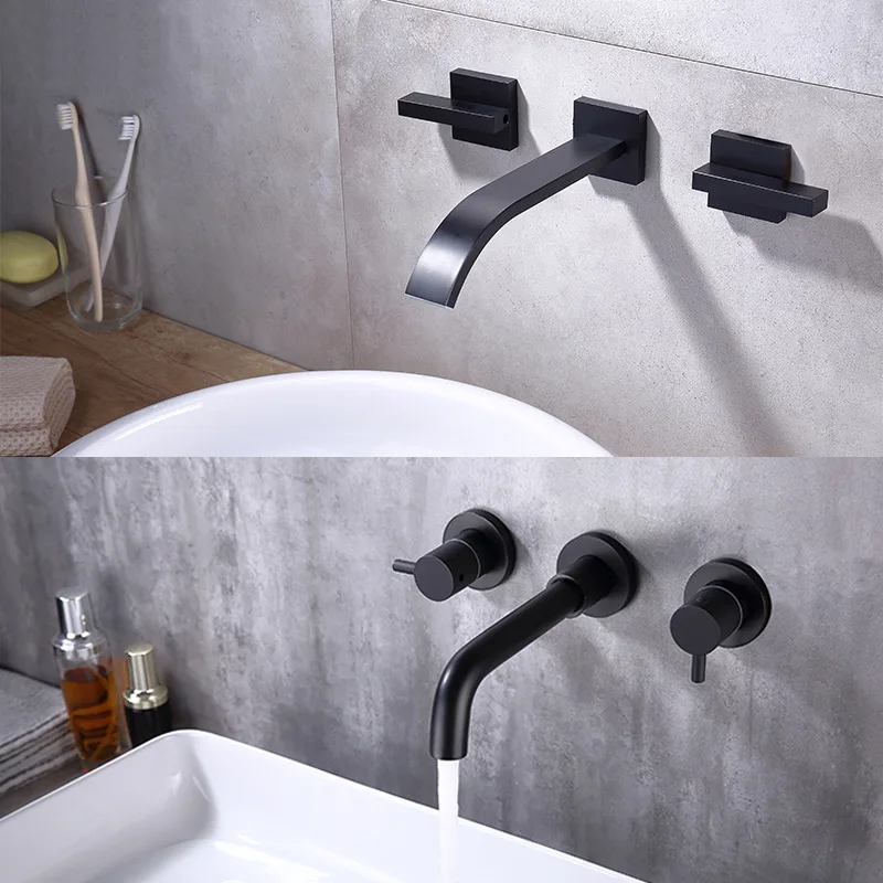 

Top Quality Brass Bathroom sink faucet Wall mounted Black Simple Cold hot water Basin mixer Tap Two Handle with Movable Spout