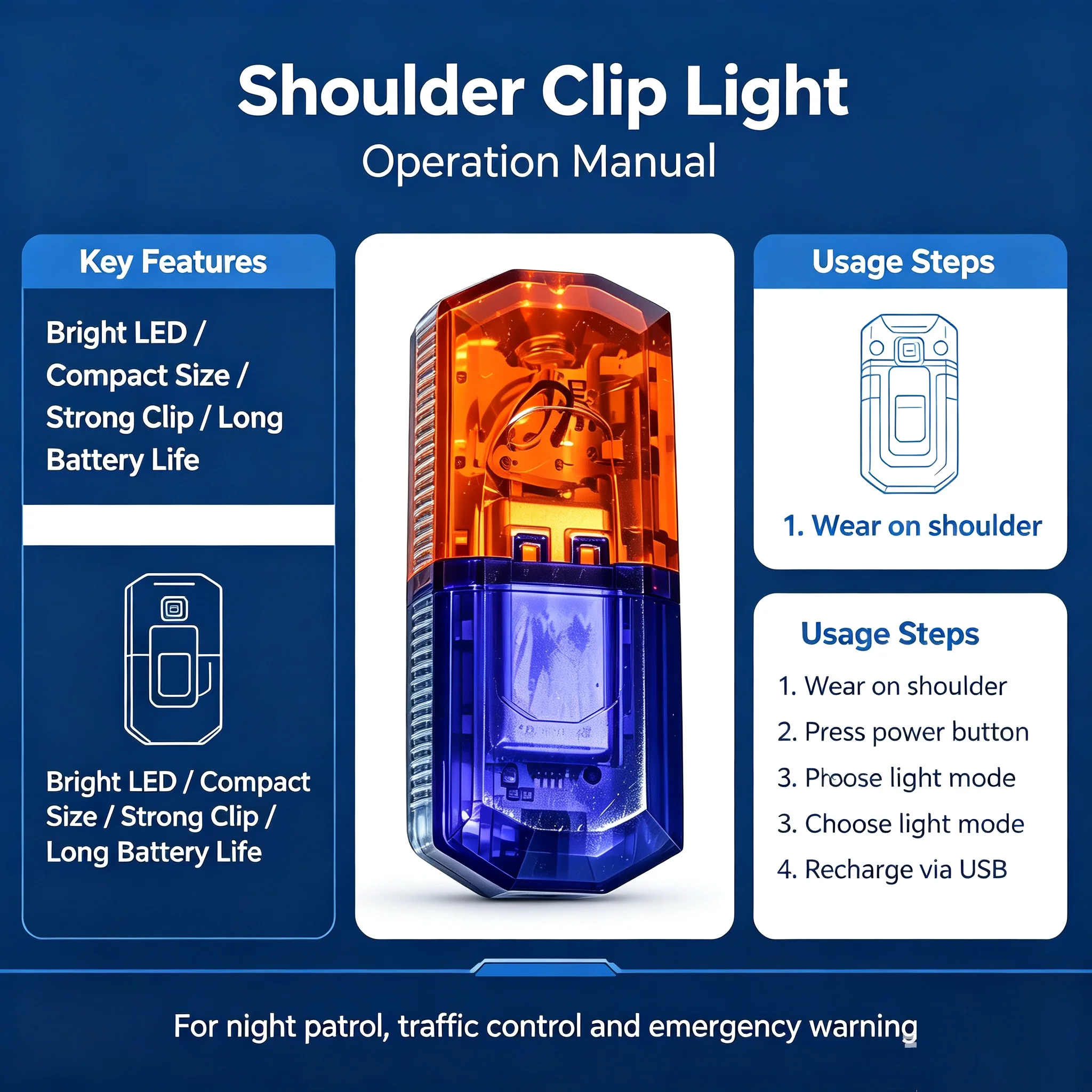 Safety Patrol Alarm Flash Signal Strobe Lamp Red Blue Led Shoulder Warning Light 600mAh USB Charging with Stainless Steel Clip