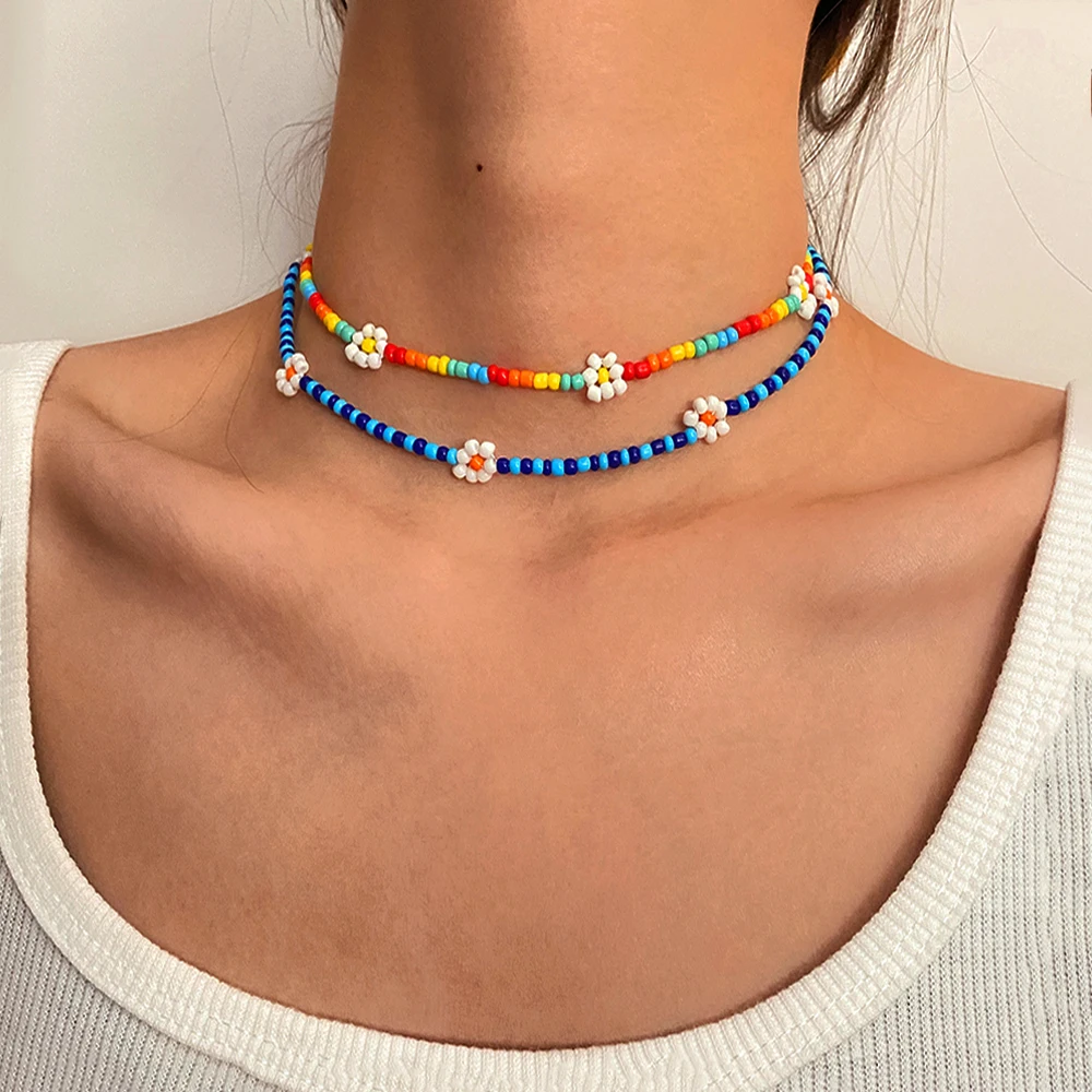 Summer Boho Korea Lovely Daisy Flowers Colorful Beaded Charm Statement Short Collar Choker Necklace for Women Vacation Jewelry