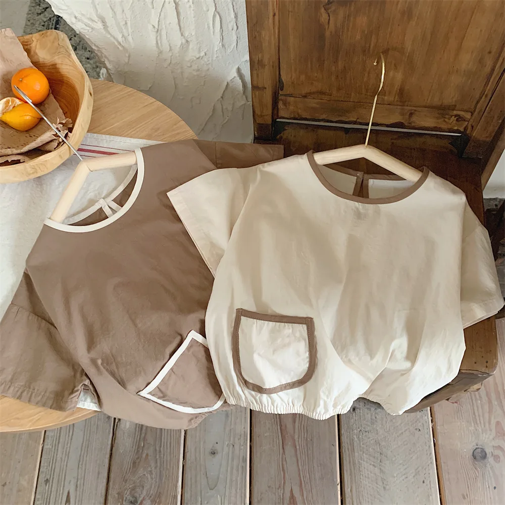 

Boys Short Sleeve 2024 Korean Style Summer New Solid Color Cotton Pocket Casual Simple Fashion Loose Summer Children T Shirt