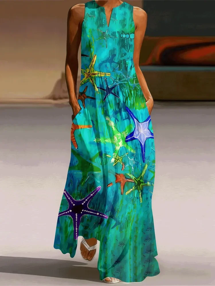Damen Sommer Langes Kleid Vintage-Print Sommer Lässiges Ärmelloses V-Ausschnitt Sexy Maxikleid Lockeres Strand-Party-Kleid Damenmode