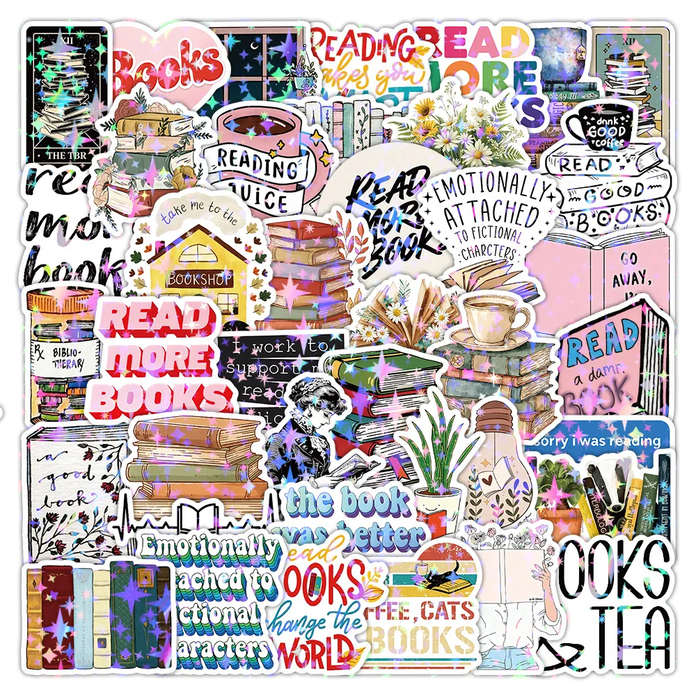 

50PCS Holographic Style Cartoon Reading Stickers Reading Can Decorate Mobile Phone Stationery iPad Waterproof Stickers Kids Toy