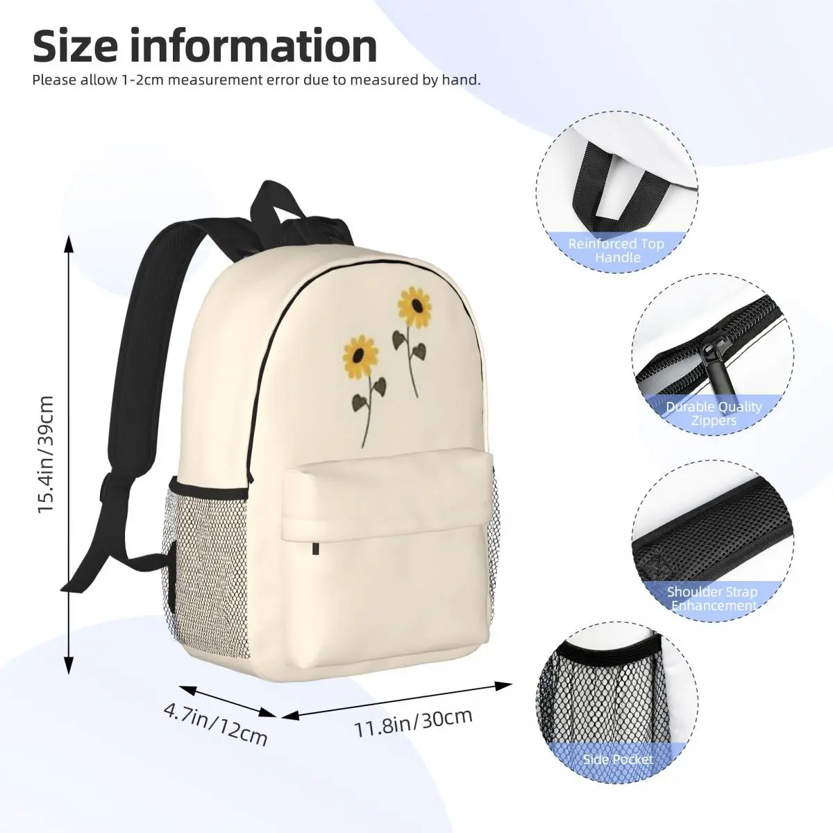 Sunflower Aesthetic Lightweight 15-Inch Backpack - Versatile and Stylish Bag for School, Travel, and Daily Use