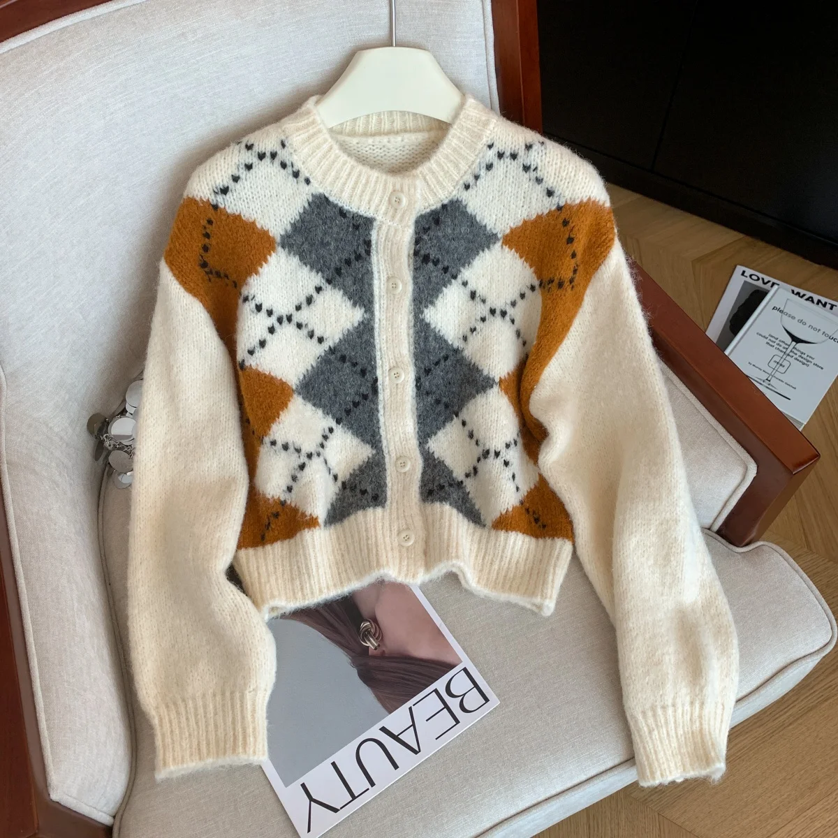 

Женский абрикосовый клетчатый кардиган, свитер, винтажный джемпер в консервативном стиле 2000-х годов, вязаный свитер в клетку с длинными рукавами и круглым вырезом, осень-зима