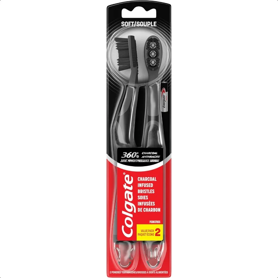 Colgate 360 Vibrate Paquete de cepillo de dientes con pilas de carbón suave con 1 pilas AAA incluidas Negro 2 unidades