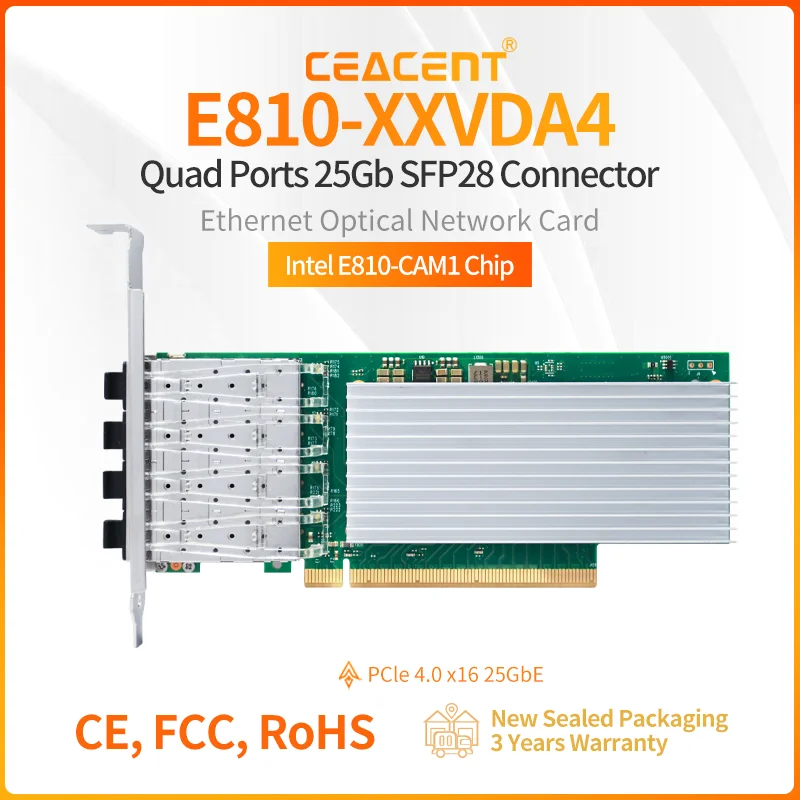 

E810-XXVDA4 25Gb/s 4-Port SFP28 NIC Intel E810 Chipset PCIe 4.0 x16 Network Adapter with RDMA Supported
