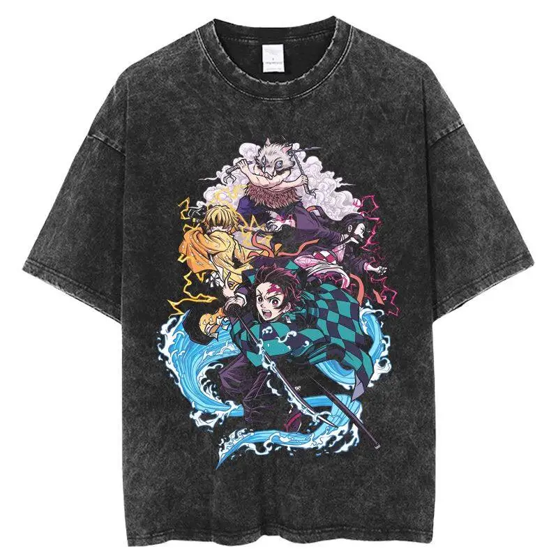

Anime Movie Demon Slayer Infinity Castle Washed T shirt Men Fashion Vintage Tshirt Summer Casual Cotton T Shirt Top Men Clothing