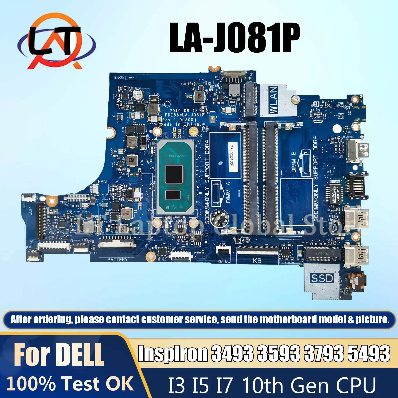 LA-J081P For DELL Laptop Motherboard  Inspiron 3493 3593 3793 5493 CN-004C38  03DD3K 004C38 Mainboard CPU I3 I5 I7 10th Gen