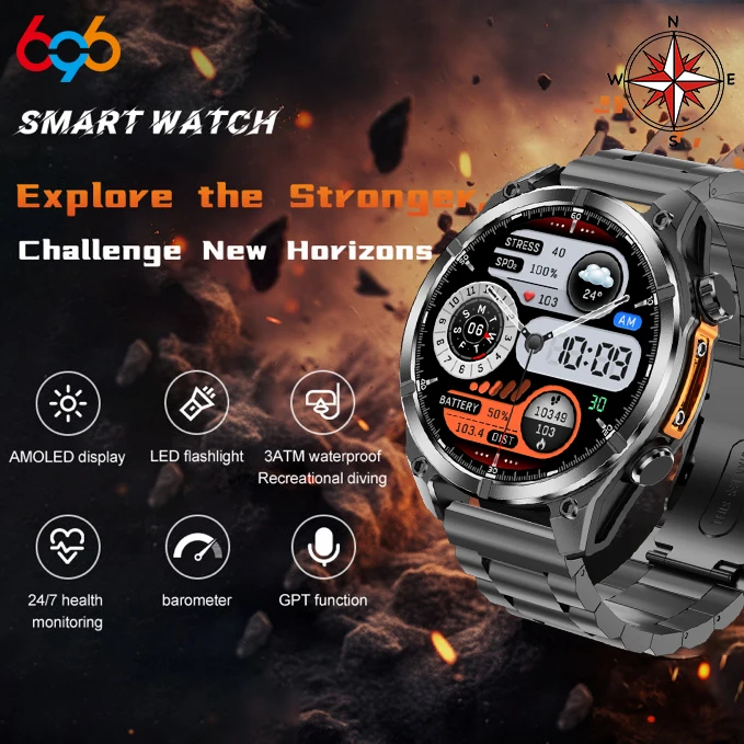

AMOLED Screen Men Outdoor Atmospheric Pressure Altitude 3ATM Waterproof Smart Watches Blue Tooth Call Sports Fitness Smartwatch