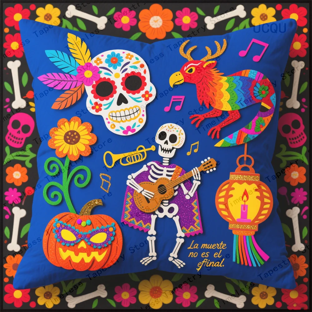 

Soft comfortable and fun Dia De Los Muertos pillow case with a thrilling sugar skull pattern for decorative cushion cover