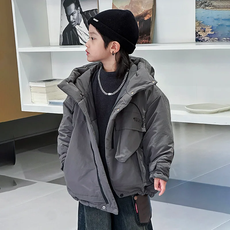 

2024 Children Boys Winter Overcoat Solid Thicken Cotton Toddler Boys Hooded Parkas Windproof High Collar 2-10Y Boys Warm Jackets