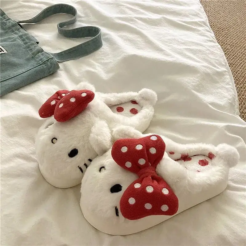 Kawaii Sanrio Hello Kitty Polka Dot Kt Cat Cute Ins Style Cartoon Slippers Red Bow Indoor Home Warm Fur Shoes Girlfriend Gifts