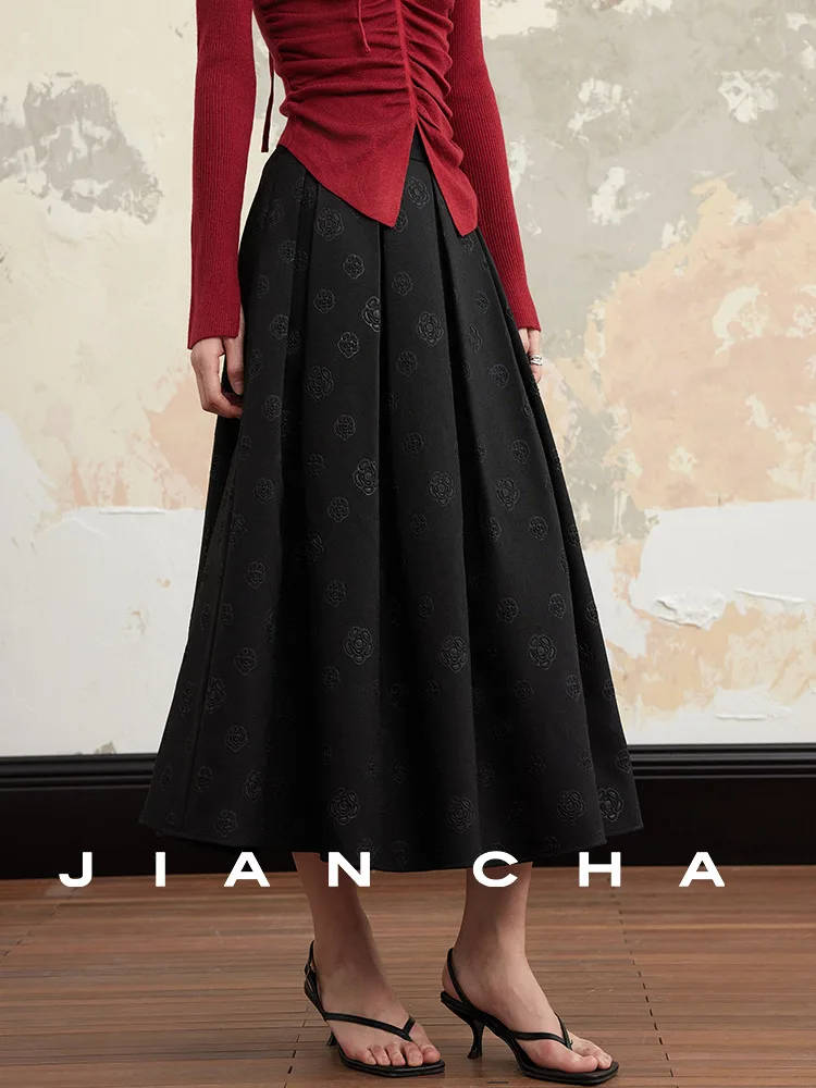 

Ele Hebe Sle f Skirt with Heavy Emed Tea Flower Pattern High Waist A-Line Korean Version Casual Polyester Skirt