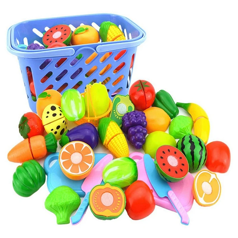 AM-23 Pcs Simulation Kitchen Cut Fruit Toy Set, Play House Set with Storage Basket for Children's Role-Playing Games