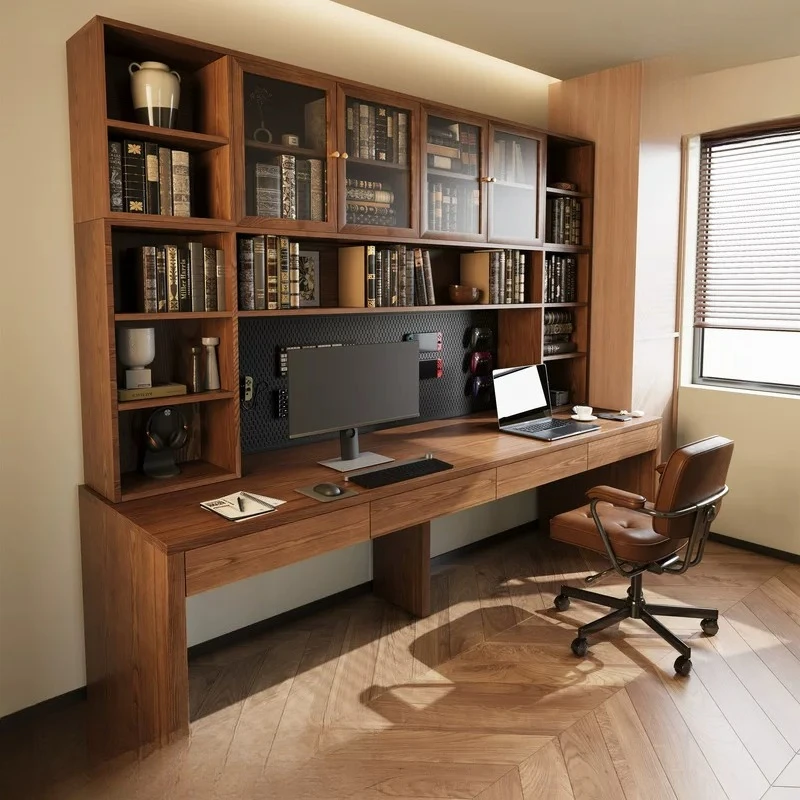 Solid wood computer desk, integrated bookshelf, student home learning writing table, light and simple wind strip,