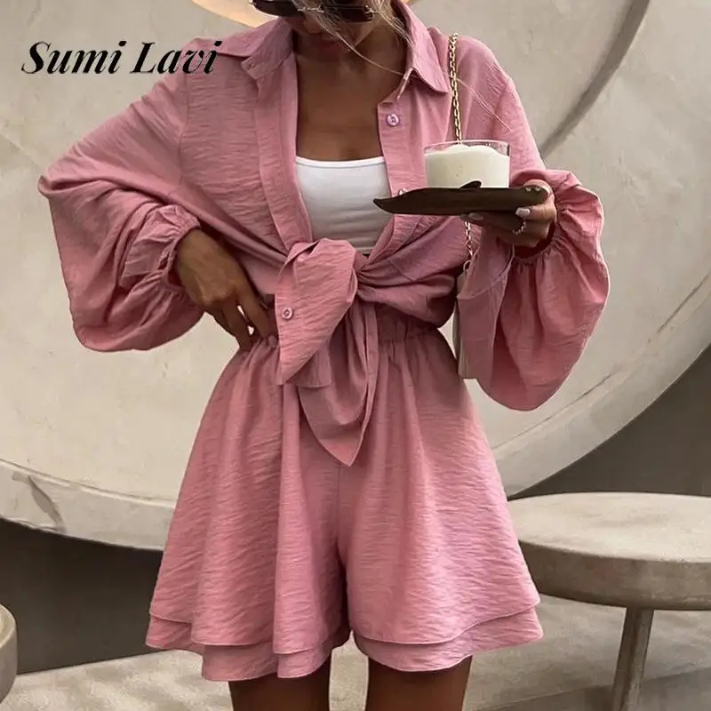 

Casaul Simple Long Sleeve Solid Color Sets Women Elegant Ruffle Loose 2Pc Outfits Fashion Lapel Button Shirt & Short Pant Suits