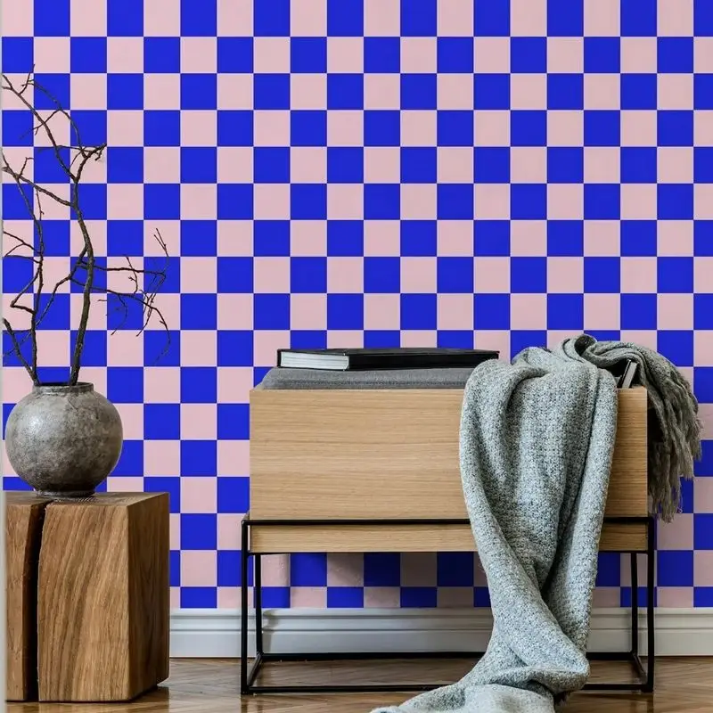 Pink And Blue Checker Adhesive Wall Wallpaper,Geometric Waterproof  Wallpaper Decoration Bedroom , Wallpapers Home Décor