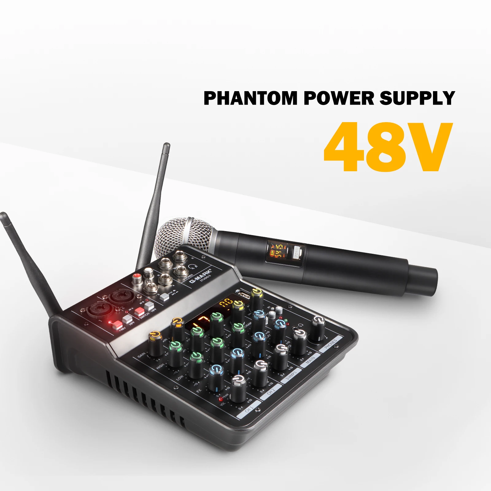 خلاط صوت محمول مع ميكروفون ، استوديو ، بلوتوث ، وحدة تحكم دي جي ، واجهة USB 48 فولت ، ألواح خلط للبث المباشر ، 6