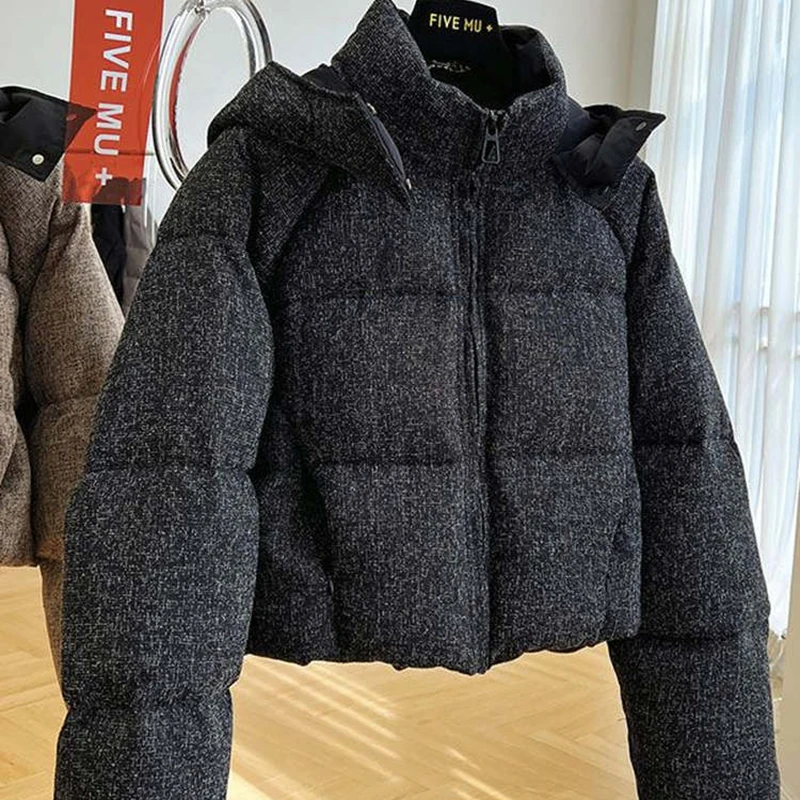 

Стильное утолщенное пальто с воротником-стойкой, женская новинка 2025 года, зимняя хлопковая куртка с капюшоном, высококачественная черная простая универсальная верхняя одежда