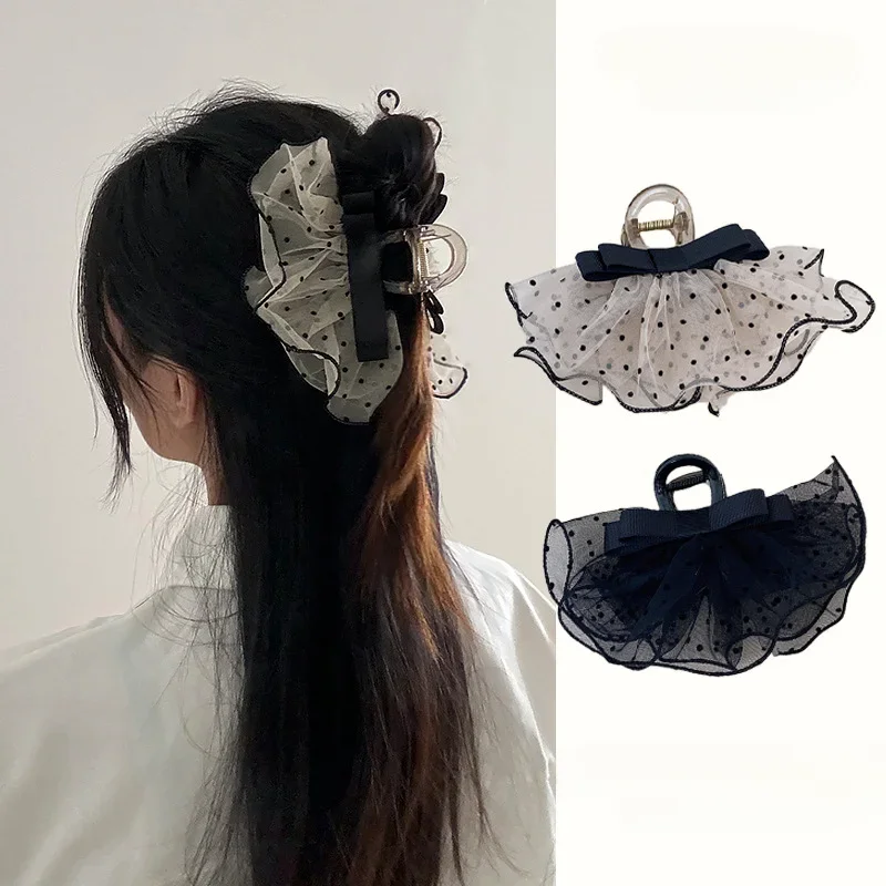 Bow Tie Mesh Polka Dot Hair Claw Grip Clip Ponytail Braid Hair Claw Clip Clamp Women Girl Korean Hair Accessories Gift Headdress