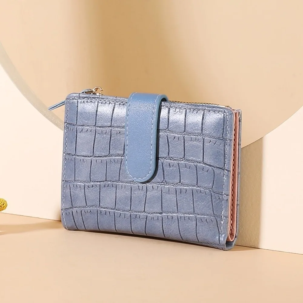 Simple Crocodile Embossed Short Wallet Snap-Fastener Ultra-Thin Bifold Wallet Solid Color With ID Window Card Holder Student