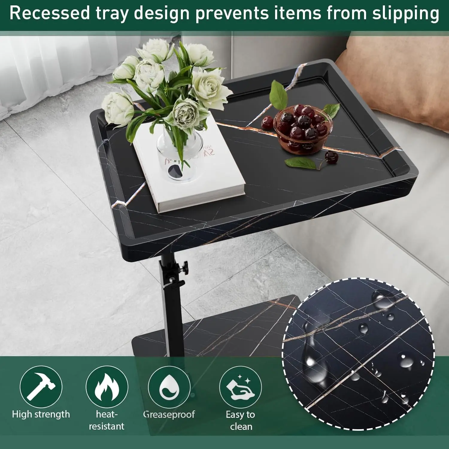 C Table End Table Adjustable Height, 360°Swivel TV Tray Table for Small Spaces, Couch Tables That slide under, C Shaped Side