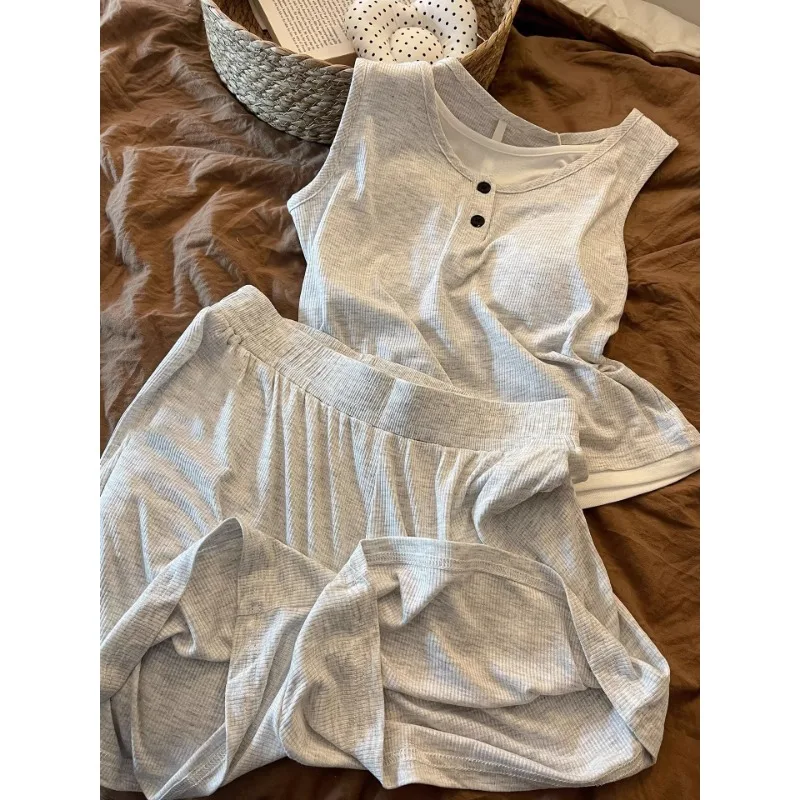 Leisure Style Women Summer Sleepwear Set Pure Color Vest &Shorts Chest Pad Casual Home Clothes Breathable Cool Feeling