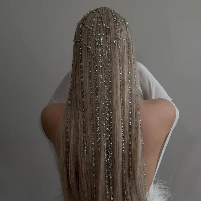 

[Снежный танец] повязка на голову с кисточкой из искусственного жемчуга, свадебная сетчатая цепочка для волос премиум-класса, легкая роскошная женская повязка на голову