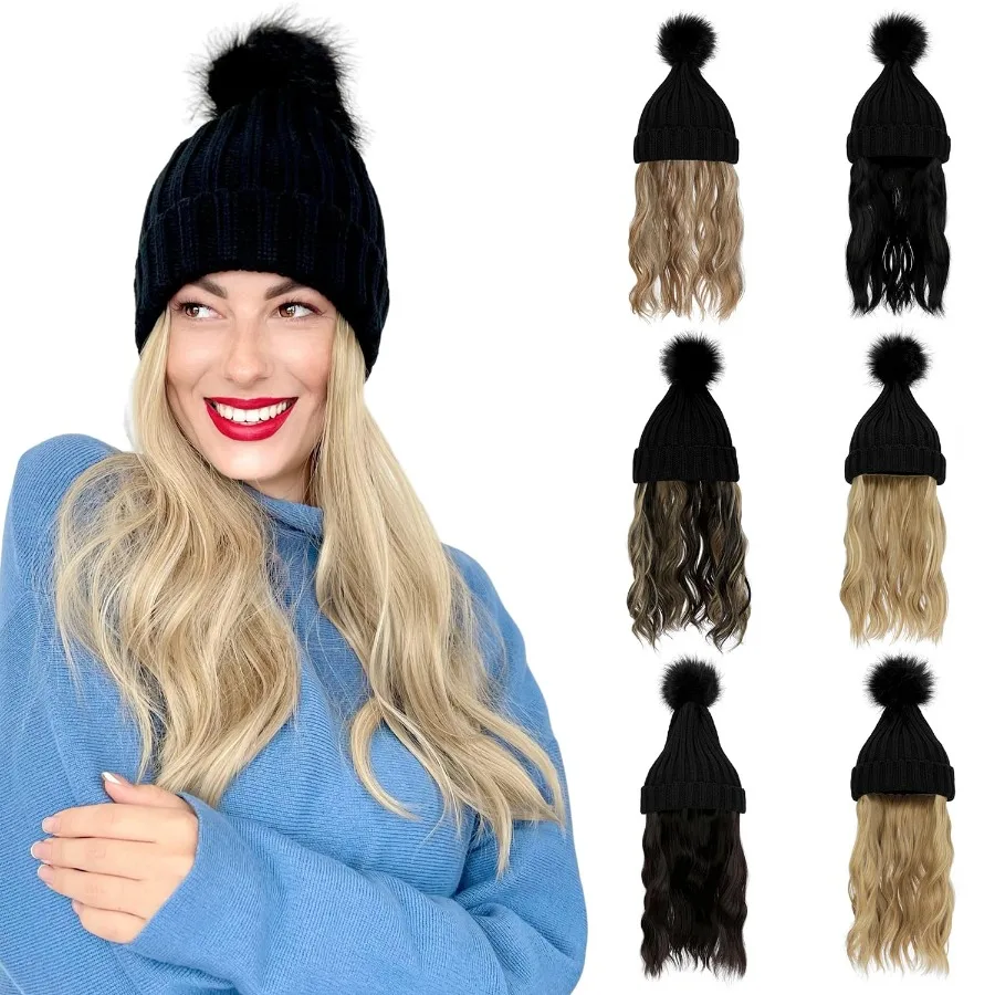 Cappello a cuffia da donna con berretto con pompon lavorato a maglia caldo attaccato ai capelli per attività all'aperto invernali Estensioni dei capelli ricci ondulati lunghi da 14 pollici
