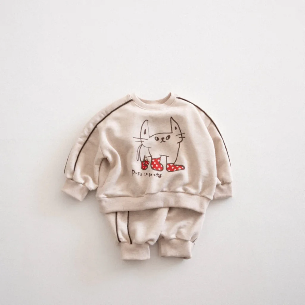 2025 Autumn Children Boys Girls Cute Cat Sweatshirt + Pants 2pcs Suit Toddler Outfits New Baby Long Sleeve Casual Clothes Set