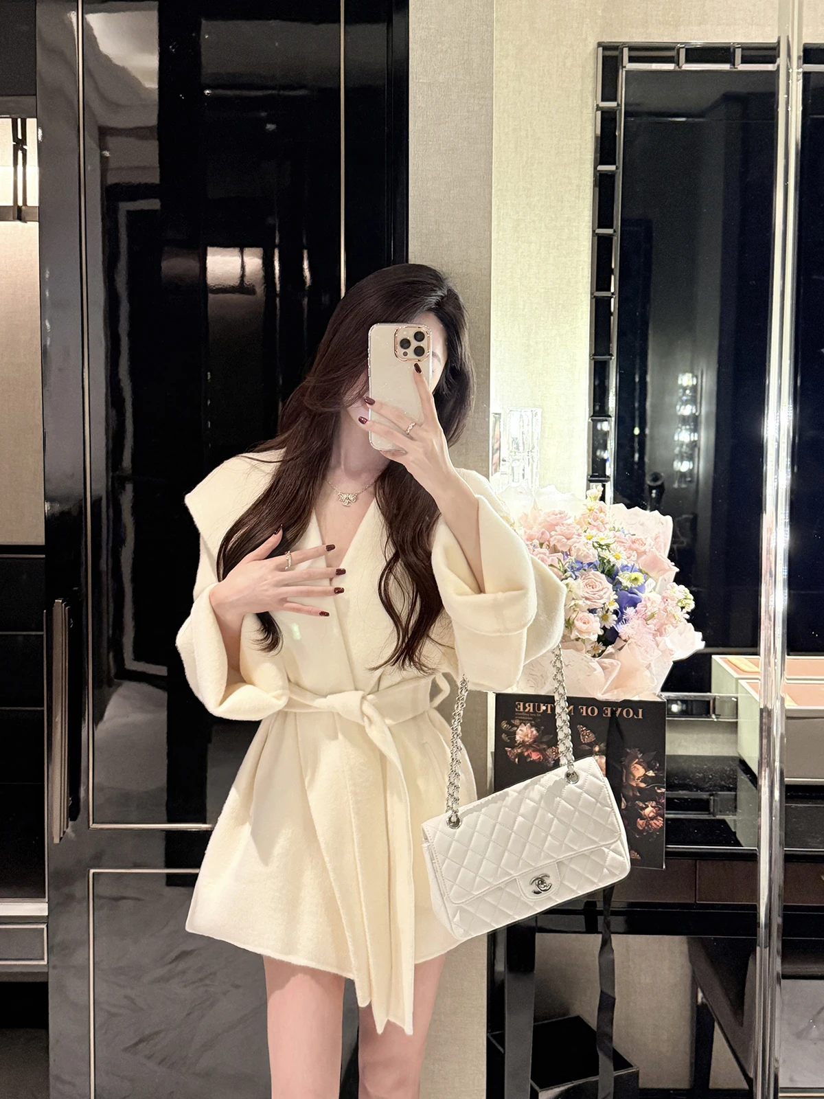 

JustQin Double-Faced Wool Tie Waist Coat Women's Outerwear Sli Commute Winter 2025 Long Sve Medium-Length Coat