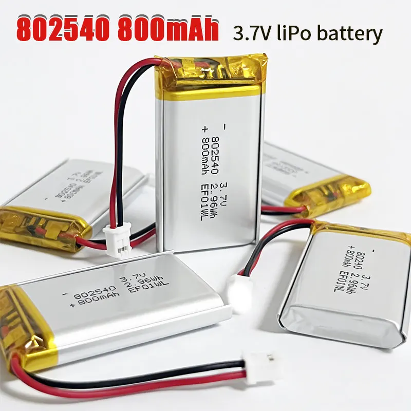 802540 3.7V 800mAh 2.9Wh Li-Polymer Battery Rechargeable Lithium Batteries Lipo PH2.0 Plug for Atomiser Demister Recorder Smart