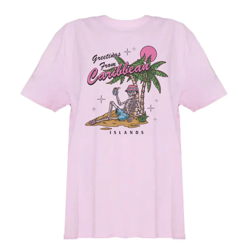 Vintage Funny T Shirt 5013Carib Summer Skeleton Tropical Beach T-Shirt Oversized Vacation Graphic T Shirts Fashion Vsco Clothes