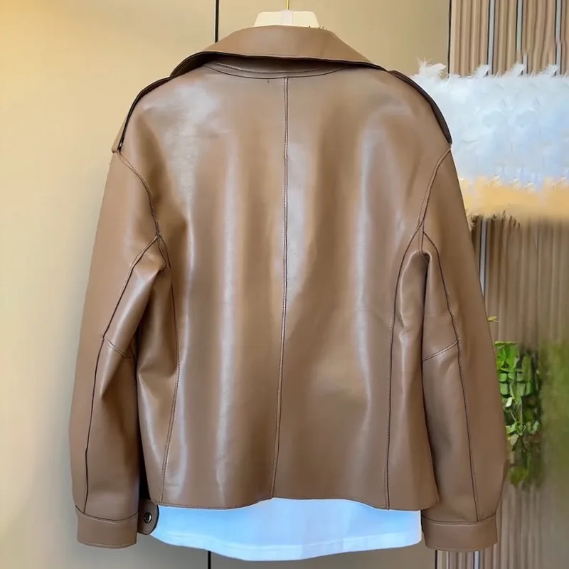 Fashion Spring Autumn New PU Leather Jacket Women's Tops Elegant Loose Slimming Short Styles Lapels Coat Women Leather Jacket