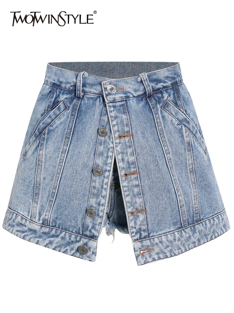 TWOTWINSTYLE Patchwork Mini Short Pants For Womens High Waist A Line Denim Solid Minimalsit Shorts Skirts Female Clothing Summer