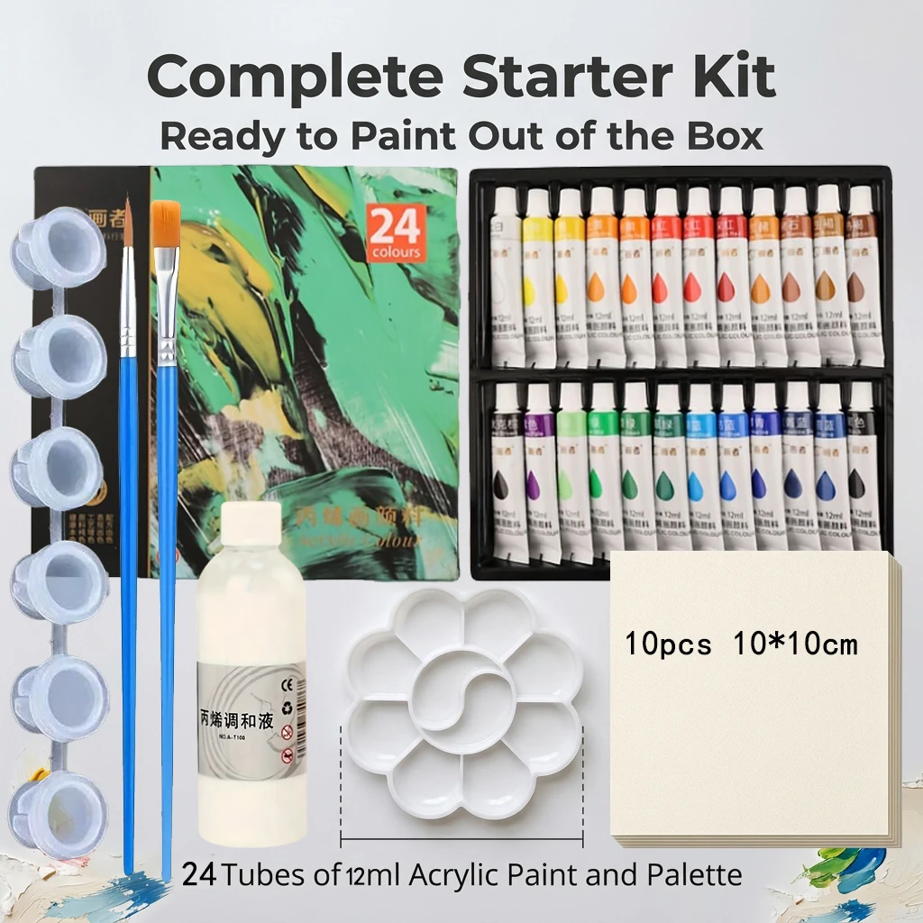 Acrylic Painting Kit 12/18/36 Colors Pigments Palette Blending Liquid 10 Sheets Watercolor Paper 2 Oil Brushes Pigment Box