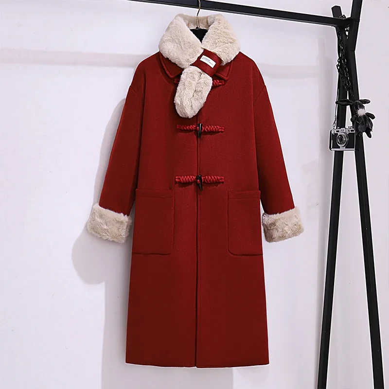 Women Elegant Woollen Trench Coat Fur Collar Horn Button Casual Office Tweeds Long Overcoat Fall Winter Warm Jacket New Overcoat