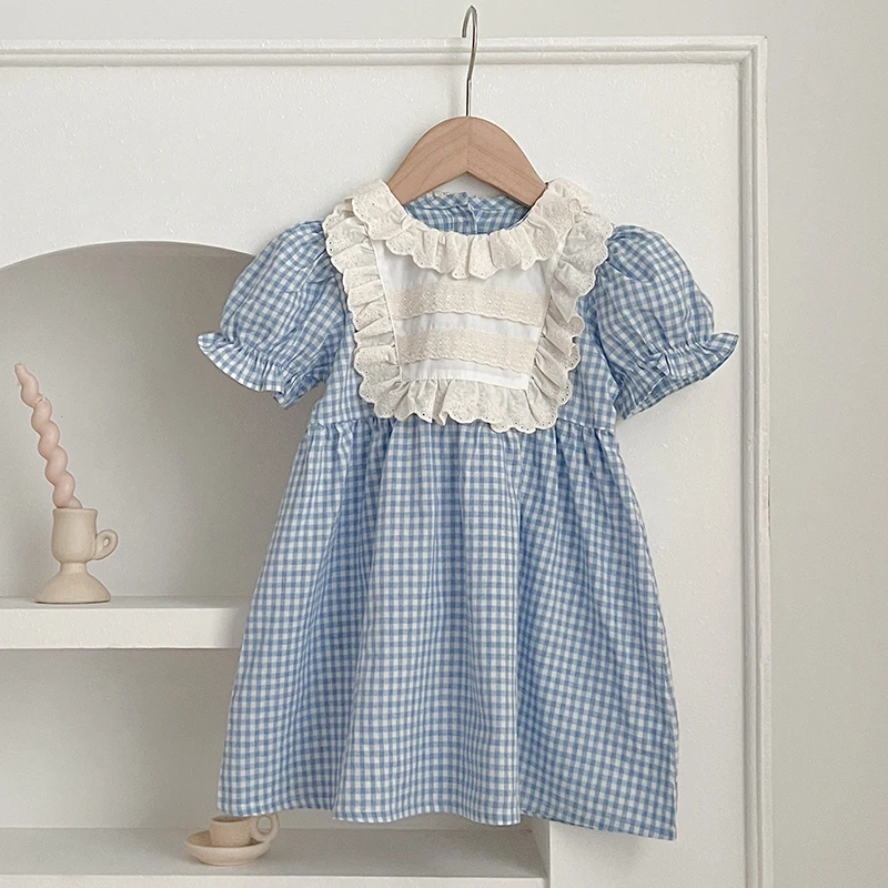 Baby Sister Clothes Summer Baby Girl Clothes Blue Plaid Dress Ruffled Collar Baby Girl Romper One Piece Sister Clothes Dress