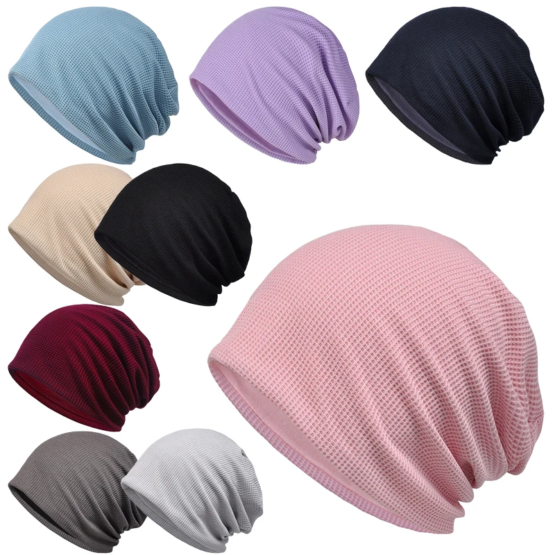 Men And Women Thin Hat Breathable Sweat-Wicking Skin Waffle Cotton Solid Color Elastic Shopping Fashion Hooded New Soft Hat 1Pcs