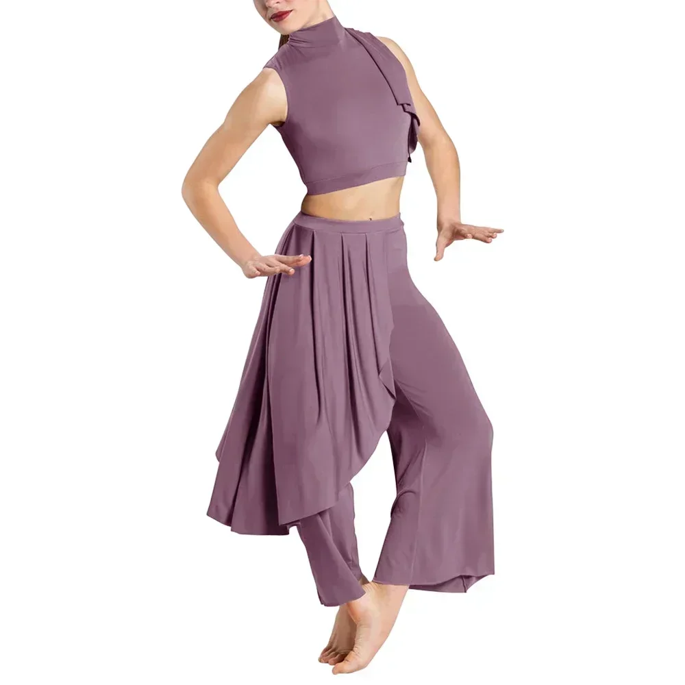 2ピースセット モダンダンスウェア ガールズ レディース クロップトップ ワイドレッグパンツ コンテンポラリーダンス ステージパフォーマンス ショーコスチューム