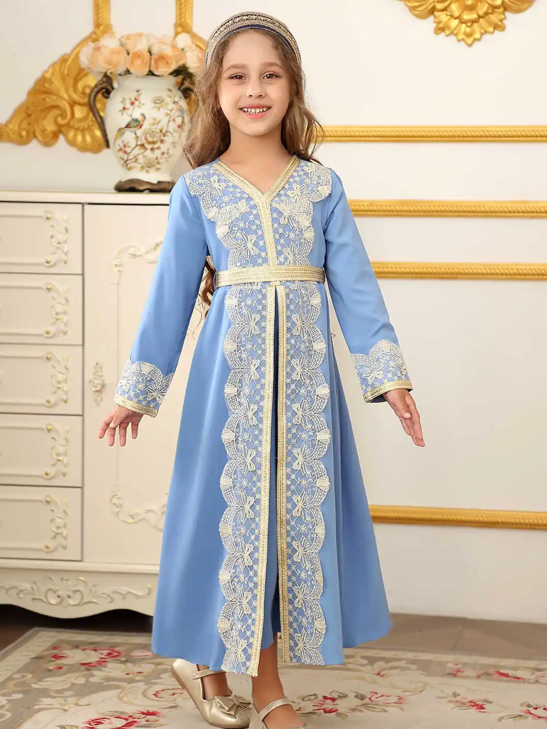 Middle East Morocco Ethnic Lace Robe Muslim Dubai Girls Dress Islamic Wedding Ramadan Festival Costume 5 Middle East Morocco Ethnic Lace Robe Muslim Dubai Girls Dress Islamic Wedding Ramadan Festival Costume 5