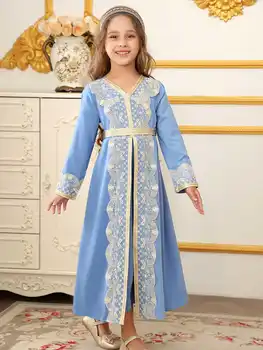Girls Moroccan Lace Ramadan Dress 5 Middle East Morocco Ethnic Lace Robe Muslim Dubai Girls Dress Islamic Wedding Ramadan Festival Costume 5
