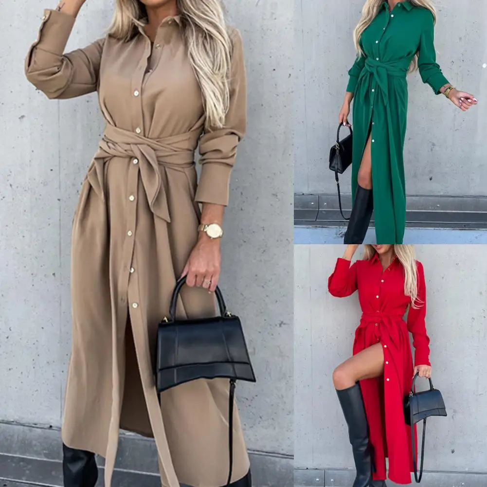 S~2XL Solid Long Sleeve Shirt Dress Women Lace up Single Breasted Beach Maxi Party Dresses Turn-down Collar Split Sash Vestidos