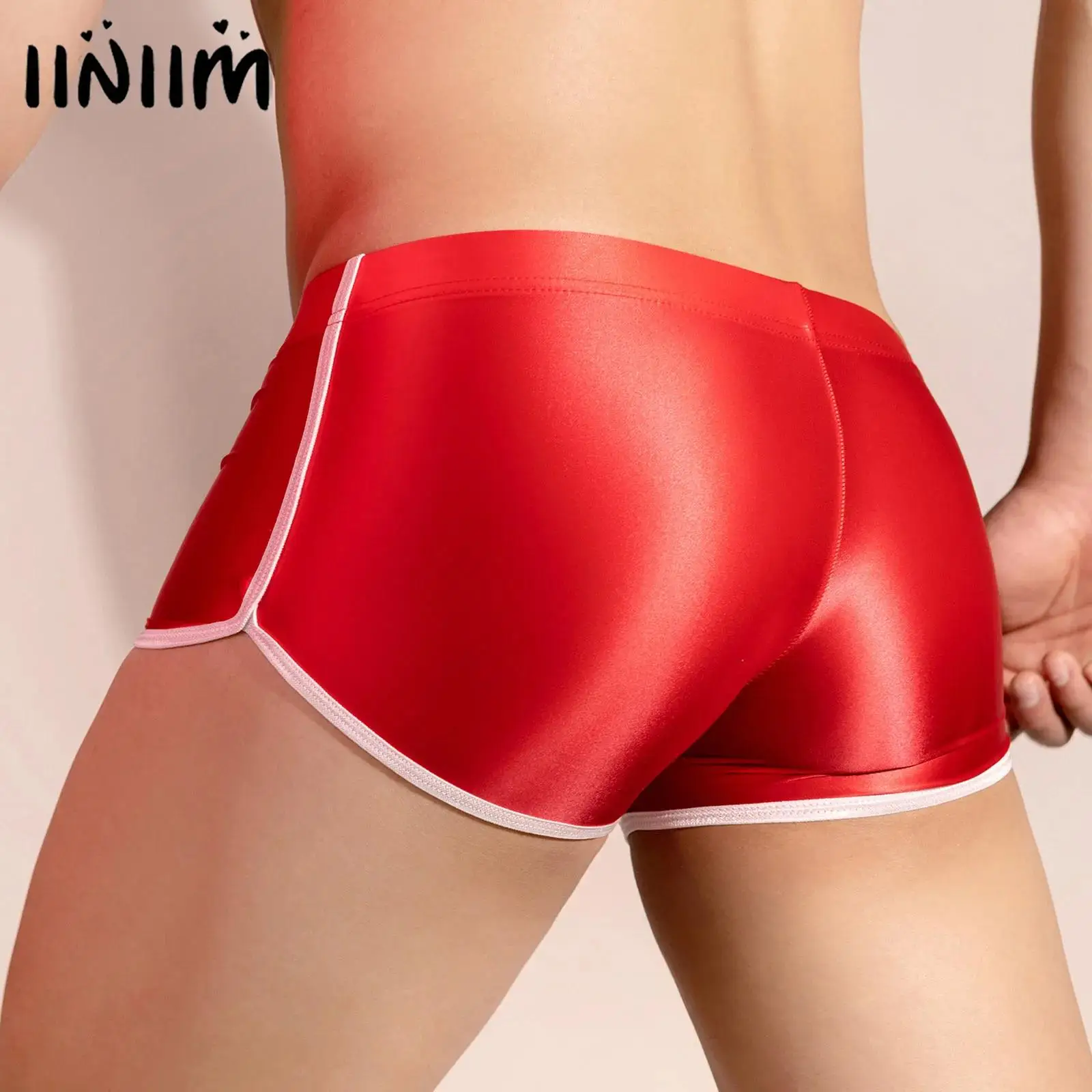 

Mens Lingerie Sexy Loungewear Panties Glossy Contrast Trim Boxer Shorts Underwear Elastic Waist Bulge Pouch Athletic Shorts