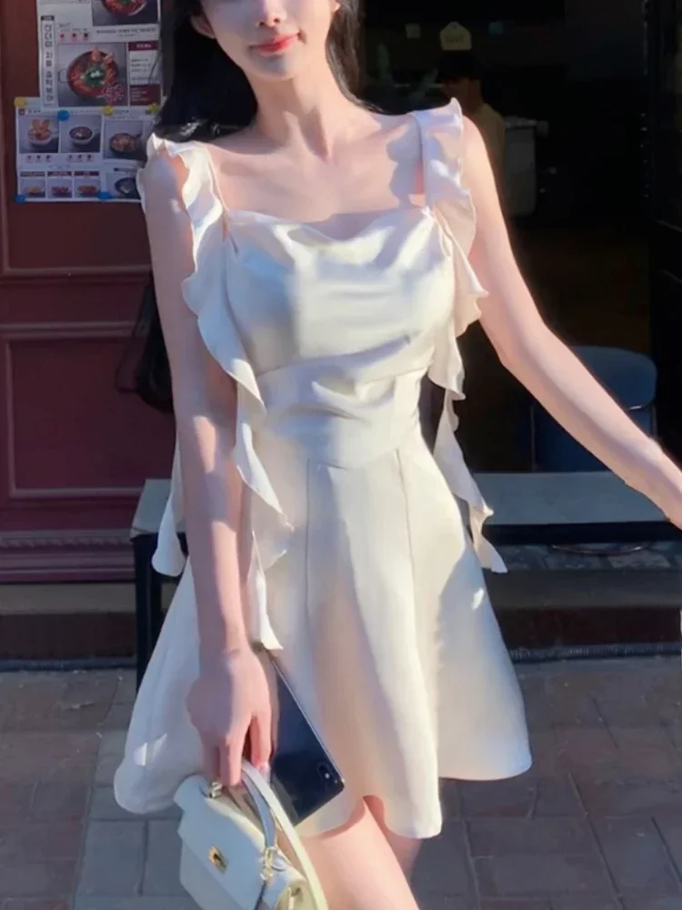 女性用サテンミニドレス,エレガント,ノースリーブ,スパゲッティストラップ,韓国,ショートデザイン,ヴィンテージ,妖精,甘い服,夏,2022