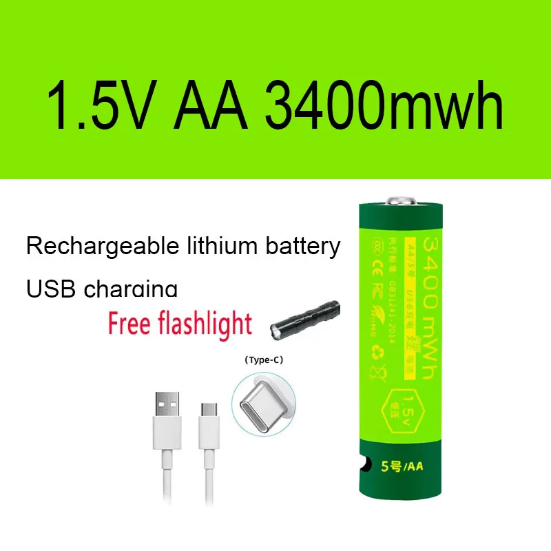 

New 1.5V AA Rechargeable Battery 3400mwh Rechargeable AA Battery Lithium Polymer Battery Quick Charging by Type-C USB Cable