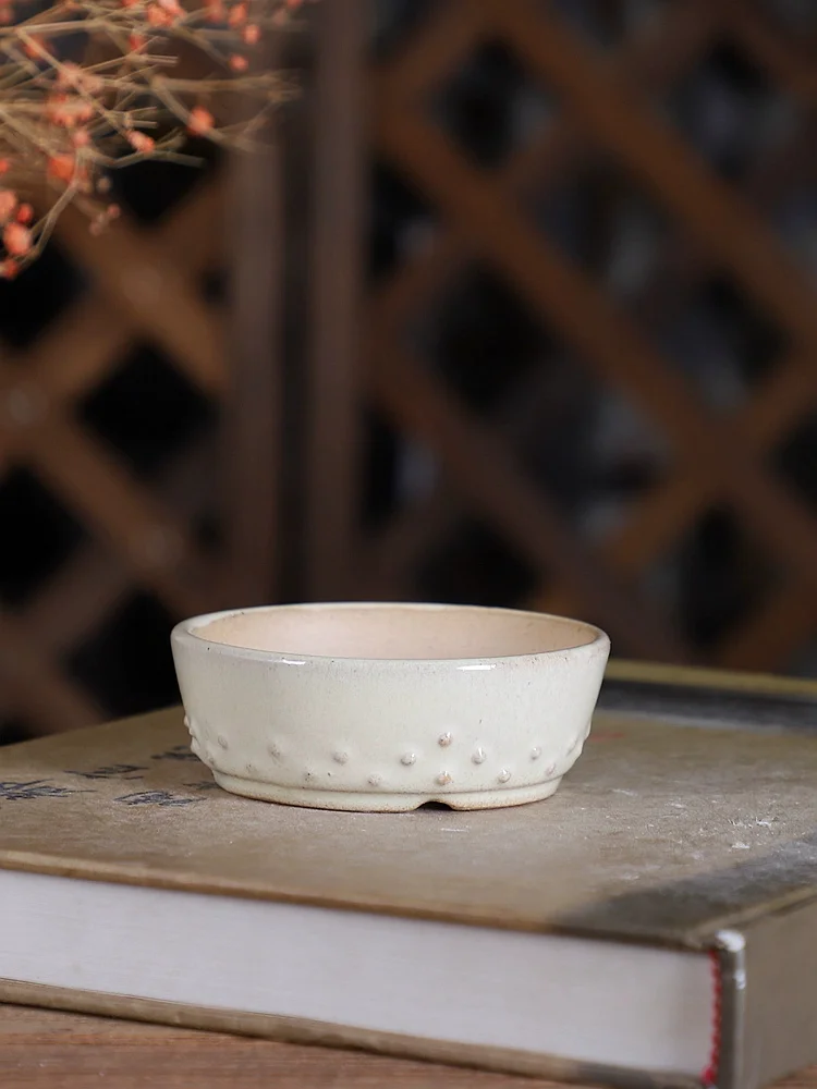 Porcelain Round Glazed Bonsai Pot, Kiln-transmutation, Chinese Traditional, Home Table, Garden Decoration, Chinese