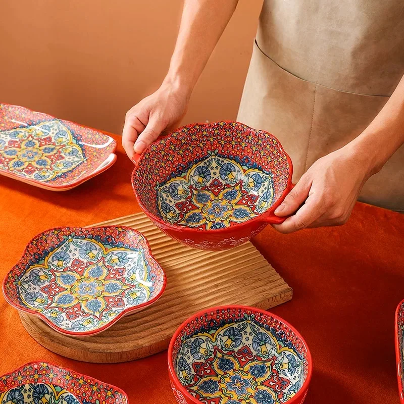 

Bohemia Ceramic Rice Bowl Serving Plate Creative Ceramic Cutlery Soup Noodle Bowl Household Handle Bowl Sauce Dish